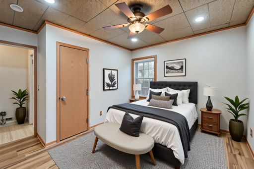 There are 2 main floor bedrooms. This is a virtually staged picture on the first bedroom. This one has another great archittectural feature...the tin ceiling. Hard to see in this picture but is really nice