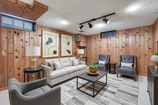 This is a virtually staged picture of rtrhe lower level finished family room/flex room. Use it for a craft room, an exercise room, what ever you needs are, it is nice to have the space to spread out