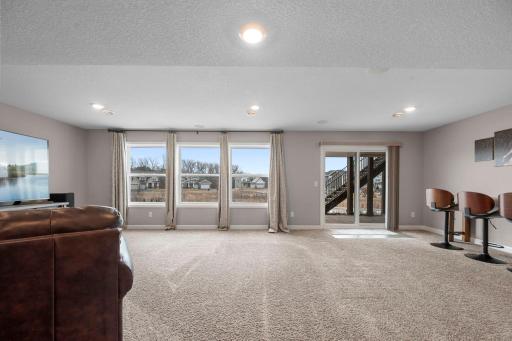 The basement family room is bright and open with views and access to the backyard.