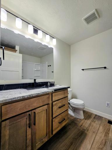 Granite countertop, maple cabinets, LVP flooring