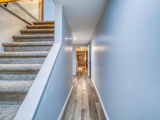 Lower Level hallway, new carpet on steps and new flooring in hallway