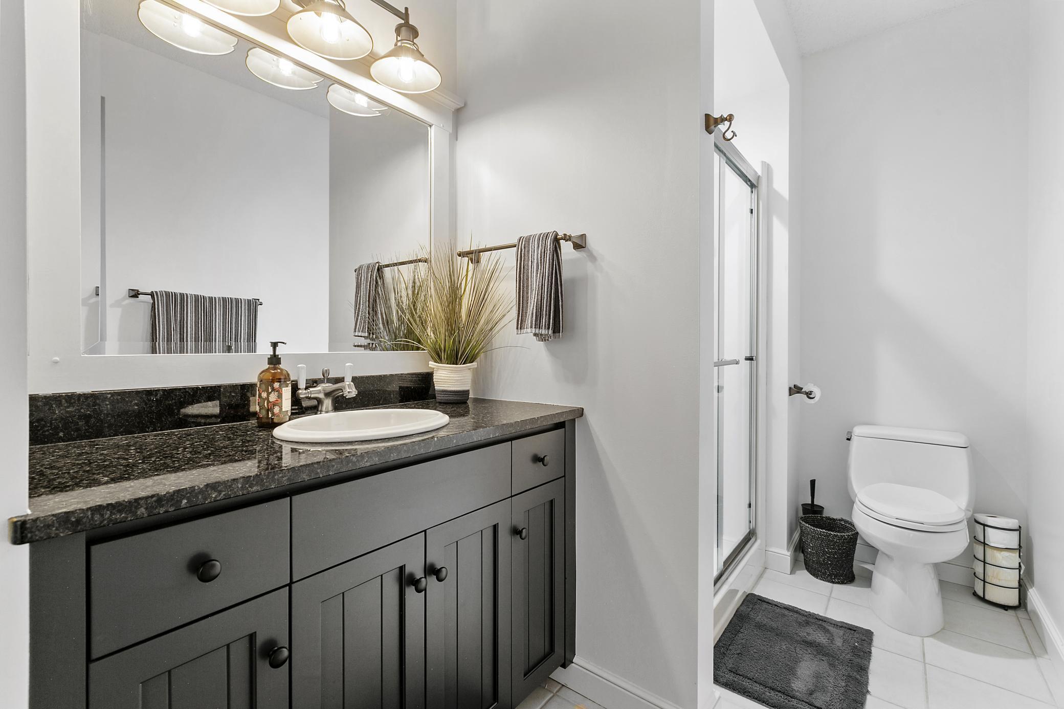 Well-appointed lower-level bathroom with a spacious vanity, large mirror, and glass walk-in shower.