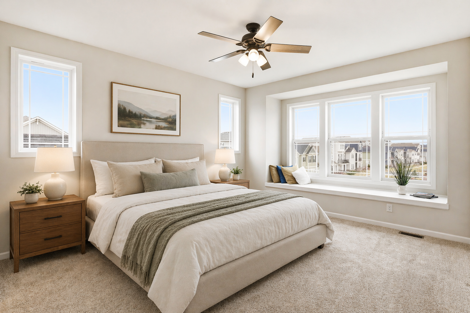 Virtually staged -Master bedroom with beautiful court view