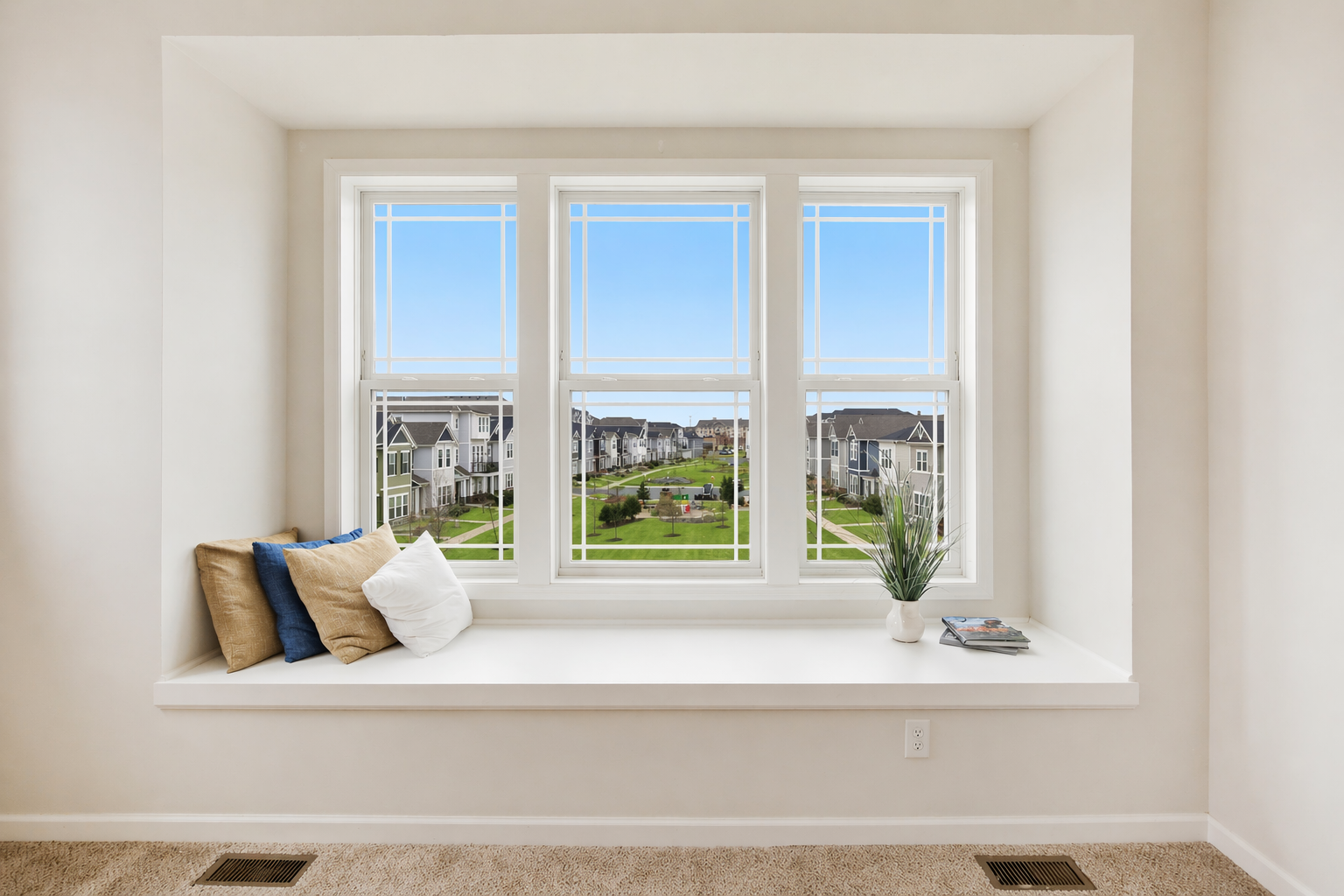 A built-in window bench offering lovely views of the backyard, creating the perfect cozy spot to read or unwind.