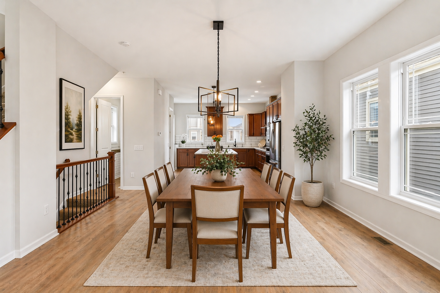 Virtually staged -Bright kitchen framed by multiple windows
