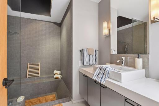The Primary Bathroom continues with a second vanity and a beautifully tiled step-in tub and shower, creating a spa-worthy space with distinctive design details.