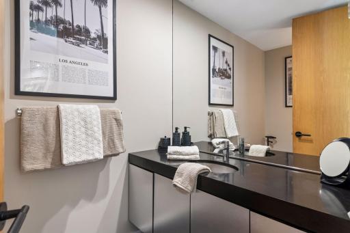 A fresh, contemporary update to the main-level Powder Room, featuring new fixtures and clean, modern details.