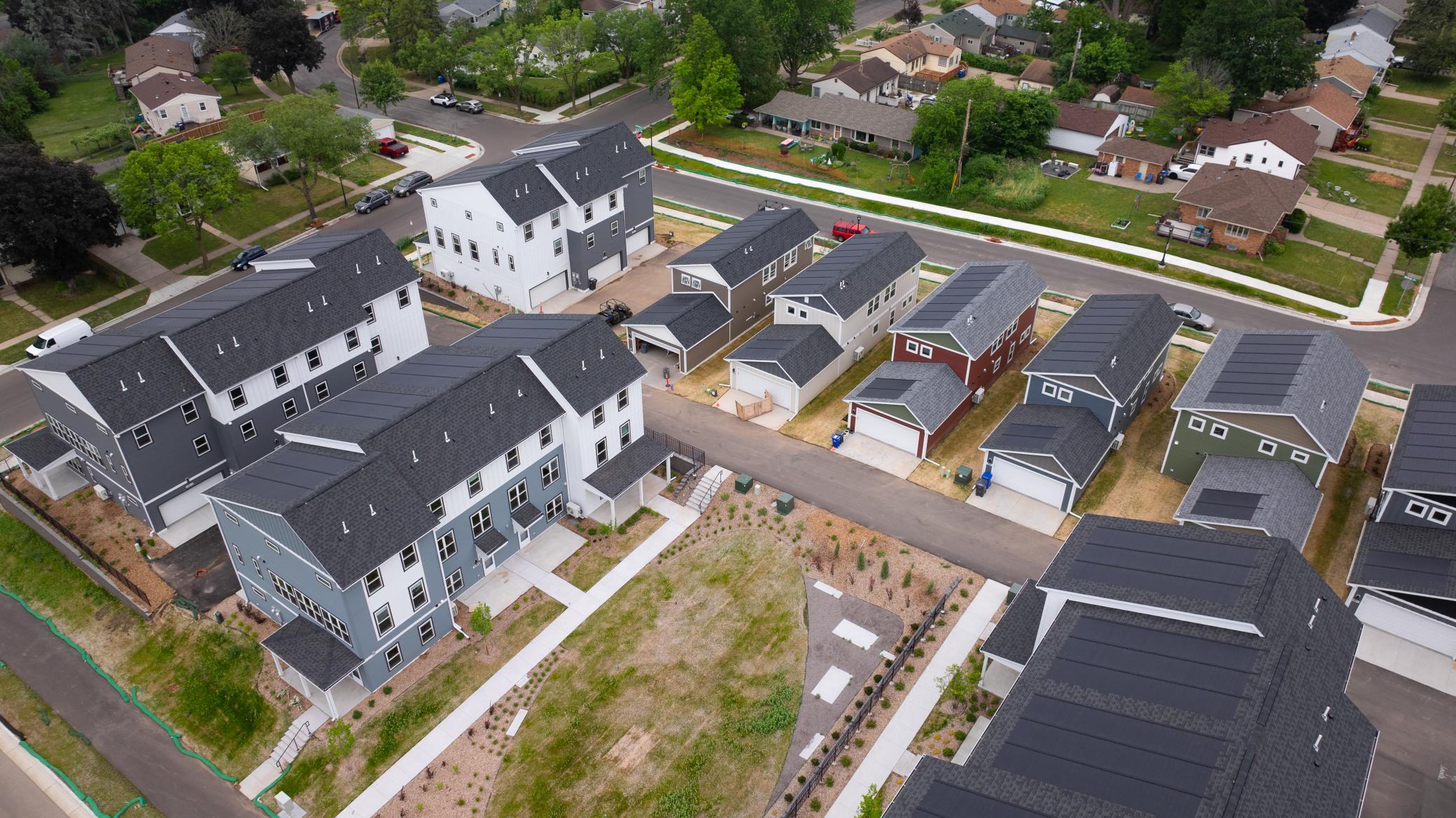 Arial of second green space on the block - note the solar shingles throughout the developement
