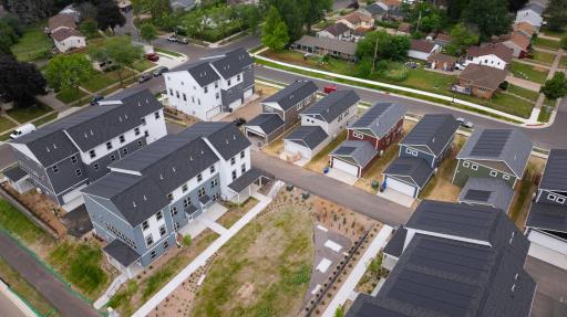 Arial of second green space on the block - note the solar shingles throughout the developement