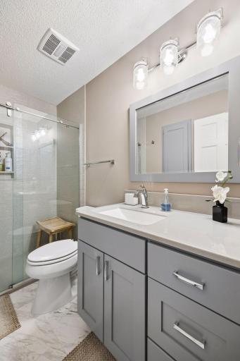 Well appointed bathroom in the lower level apartment
