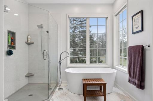 Primary bathroom features a separate soaking tub and gorgeous shower