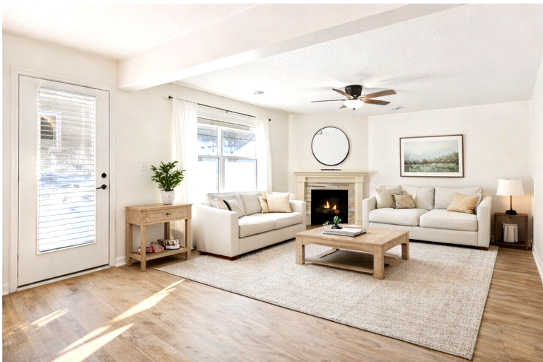 The living room opens to the kitchen, providing a comfortable and inviting space for gathering and entertaining. Step outside to the patio just off this area. Room has been virtually staged.