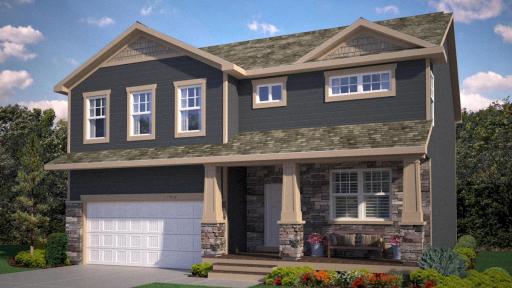 This is a rendering of the front elevation of the home. Colors will be different, please inquire with the new home sales representative.