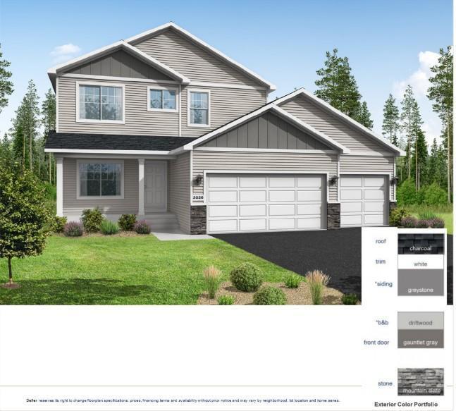 Rendering showcases Stone Accents & Concrete Front Porch. Exterior Color Portfolio noted and different than shown on the rendering. Exact color match may vary.