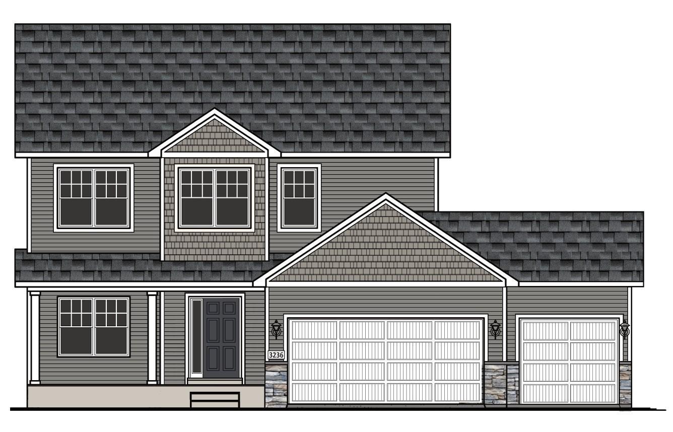 9686 32nd St NE - Rendering showcases exterior color scheme selected for this home including stone accents. Sod, Irrigation System, and Front Plantings included. Rendering may not depict exact color match.