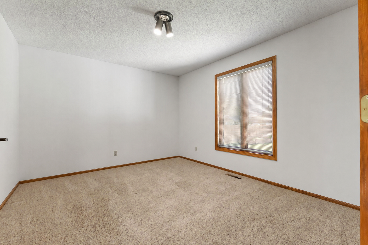 Main level flex room with freshly painted walls and neutral carpet.