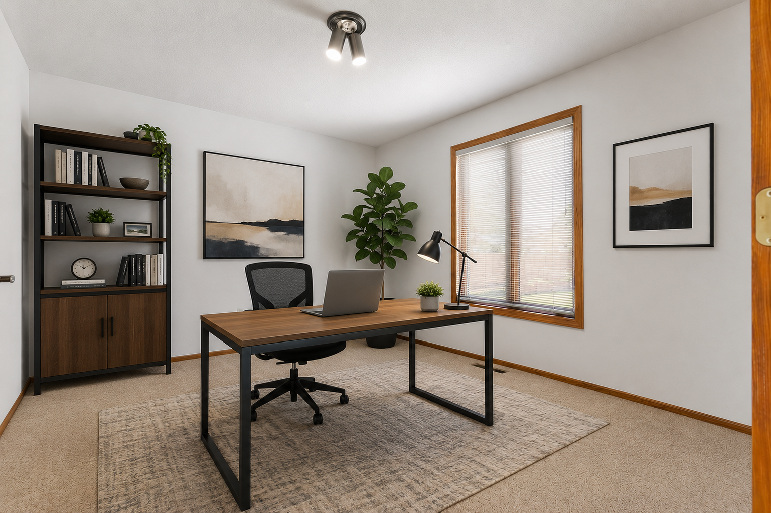 You'll appreciate the main level flex room off the kitchen. Ideal for a home office which this virtually staged room reflects.