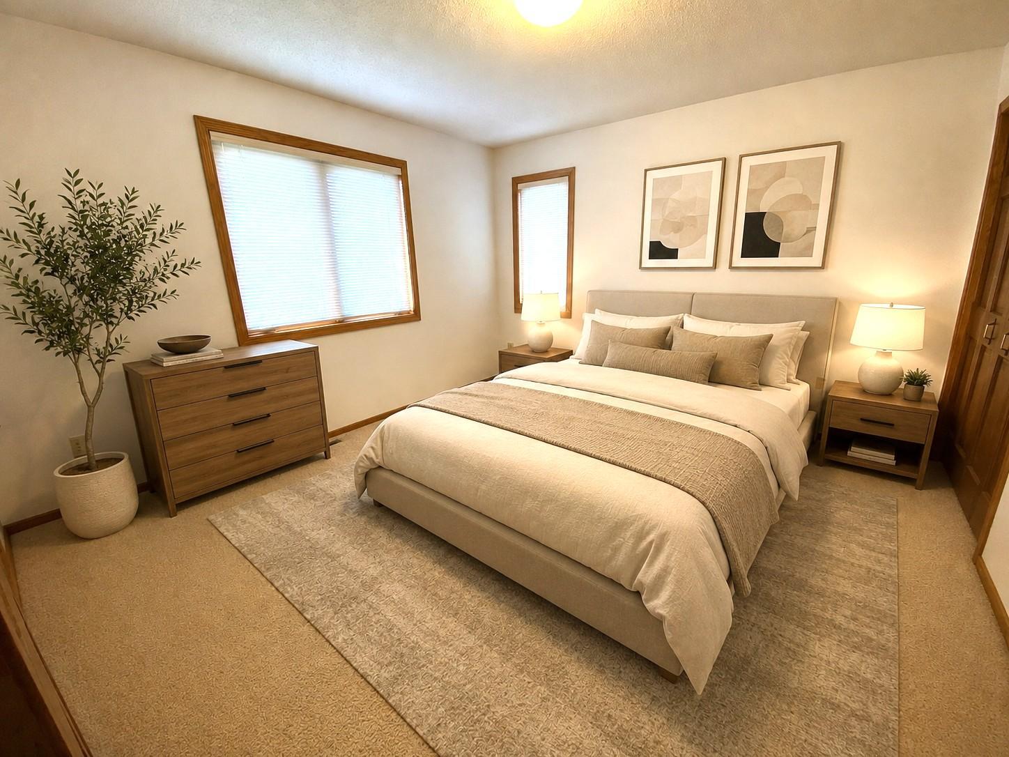 Second bedroom on the upper level with double windows and neutral finishes will blend seamlessly with your own personal decor. This room is virtually staged for inspiration.