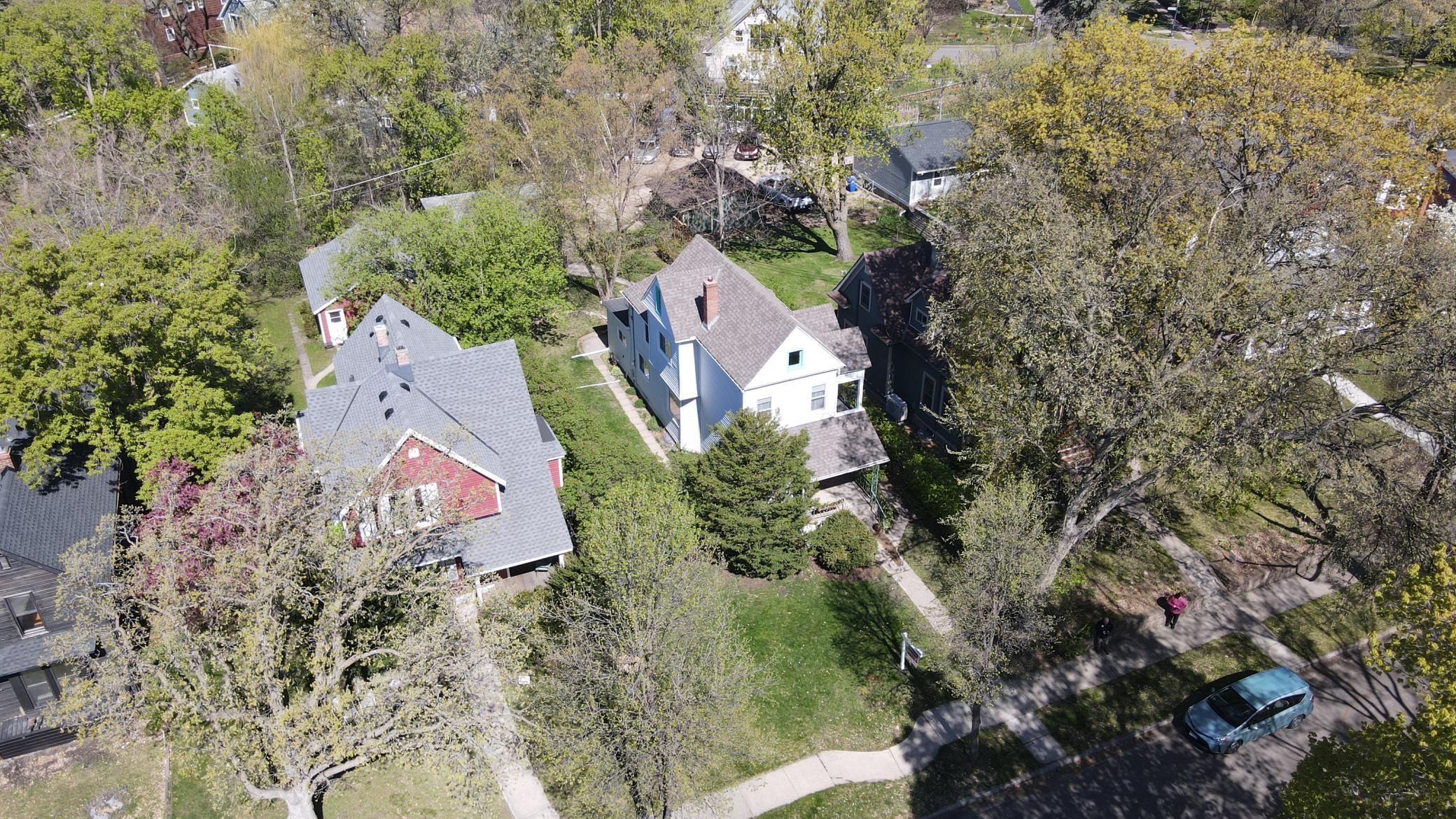 Drone photo - View of the front of house. This is a very quiet, dead-end street.