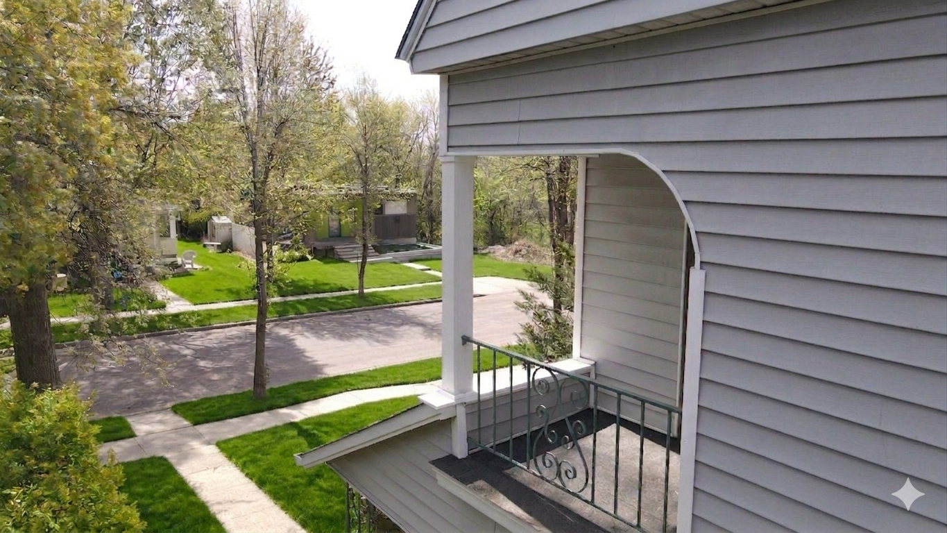 View of the balcony and the front of the house.