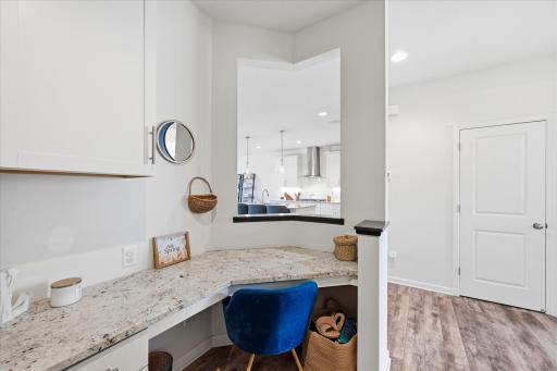 A built in office area offers convenience without the need for additional office furniture.