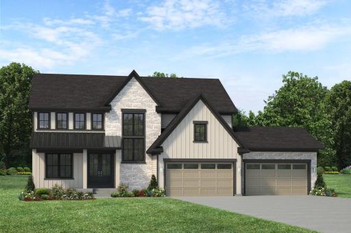 Photo for 4765 139th Avenue NE, Ham Lake, MN 55304 - listing #7033165 Front elevation rendering of Stonegate Builders' new Fremont Model in Elwell Farms! Stone and natural earthy toned exterior with ample space in the 4 car garage!