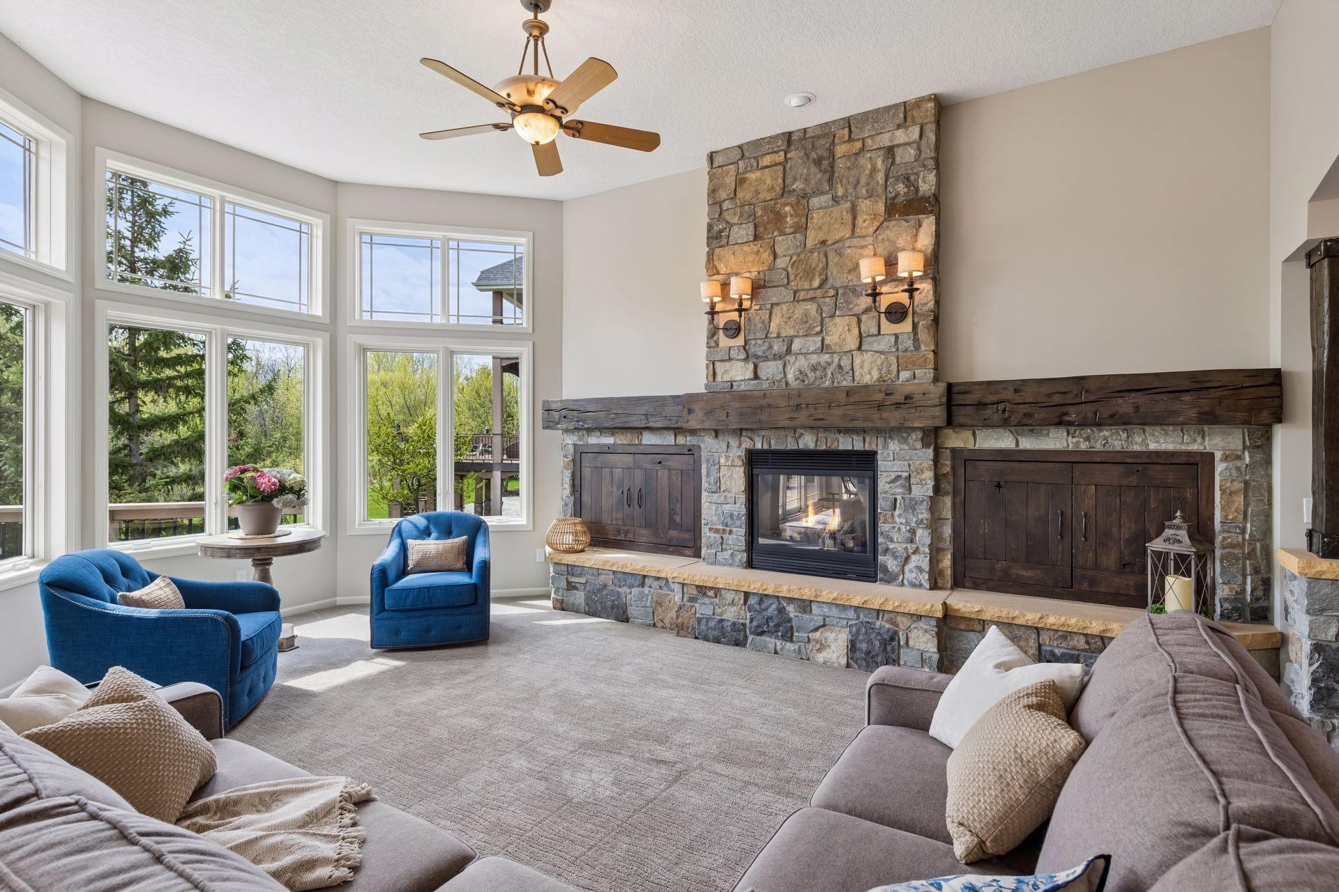 Floor to ceiling window in living room with tall ceilings