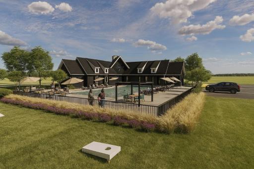Rear elevation rendering of the community pool and clubhouse.