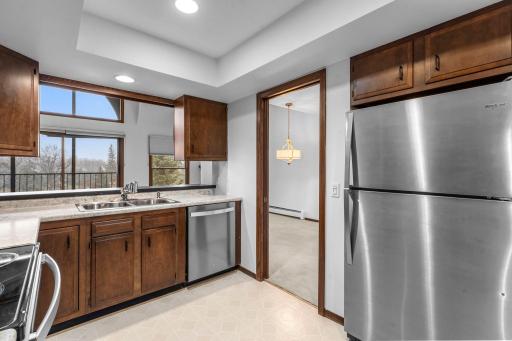 A different view of the kitchen looking toward the entrance to the dining area.