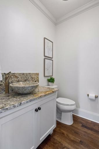 The main level guest bath makes a lasting impression with an artful signature sink that doubles as a conversation piece. Thoughtful design down to every last detail.