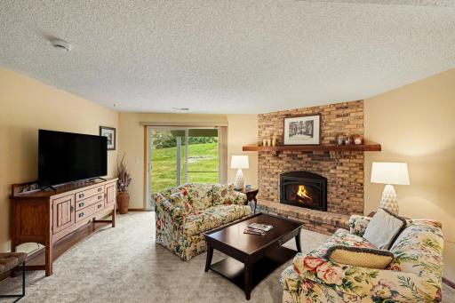 Lower-level living area featuring a gas fireplace and walkout access