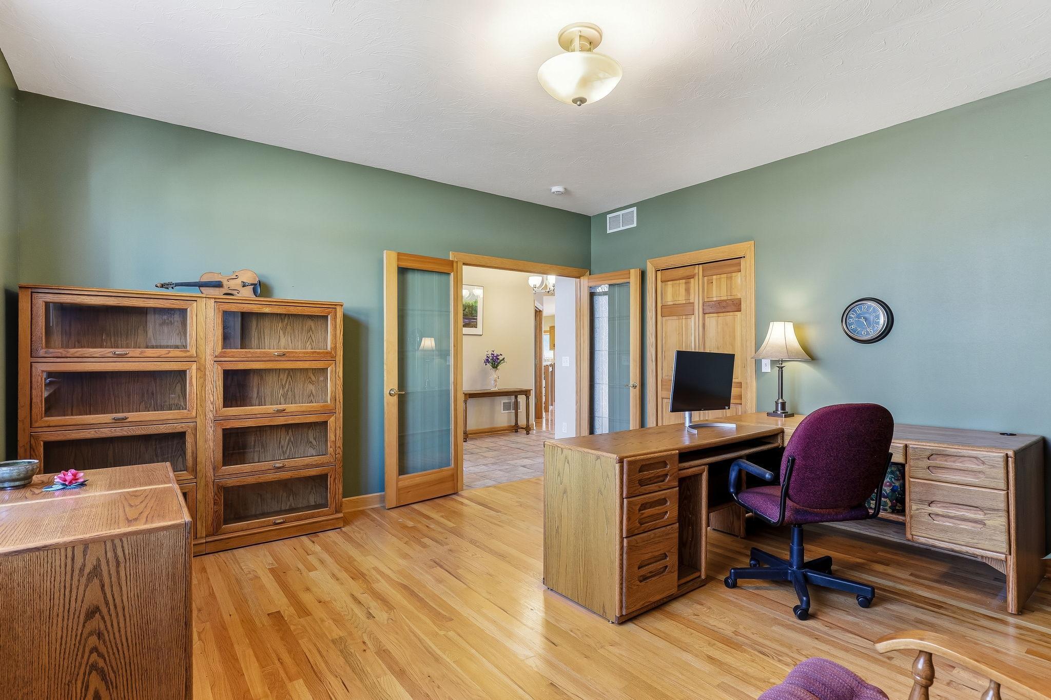 Beautiful French doors add sophistication and light