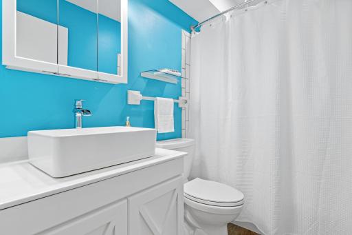 Remodeled bathroom featuring updated cabinetry and a modern sink.