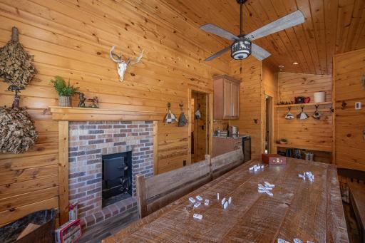 Interior of year-round guest cabin with sauna that is heated with fireplace