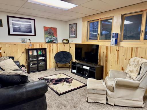 The lower level family room has the up north feeling with the knotty pine tongue and groove