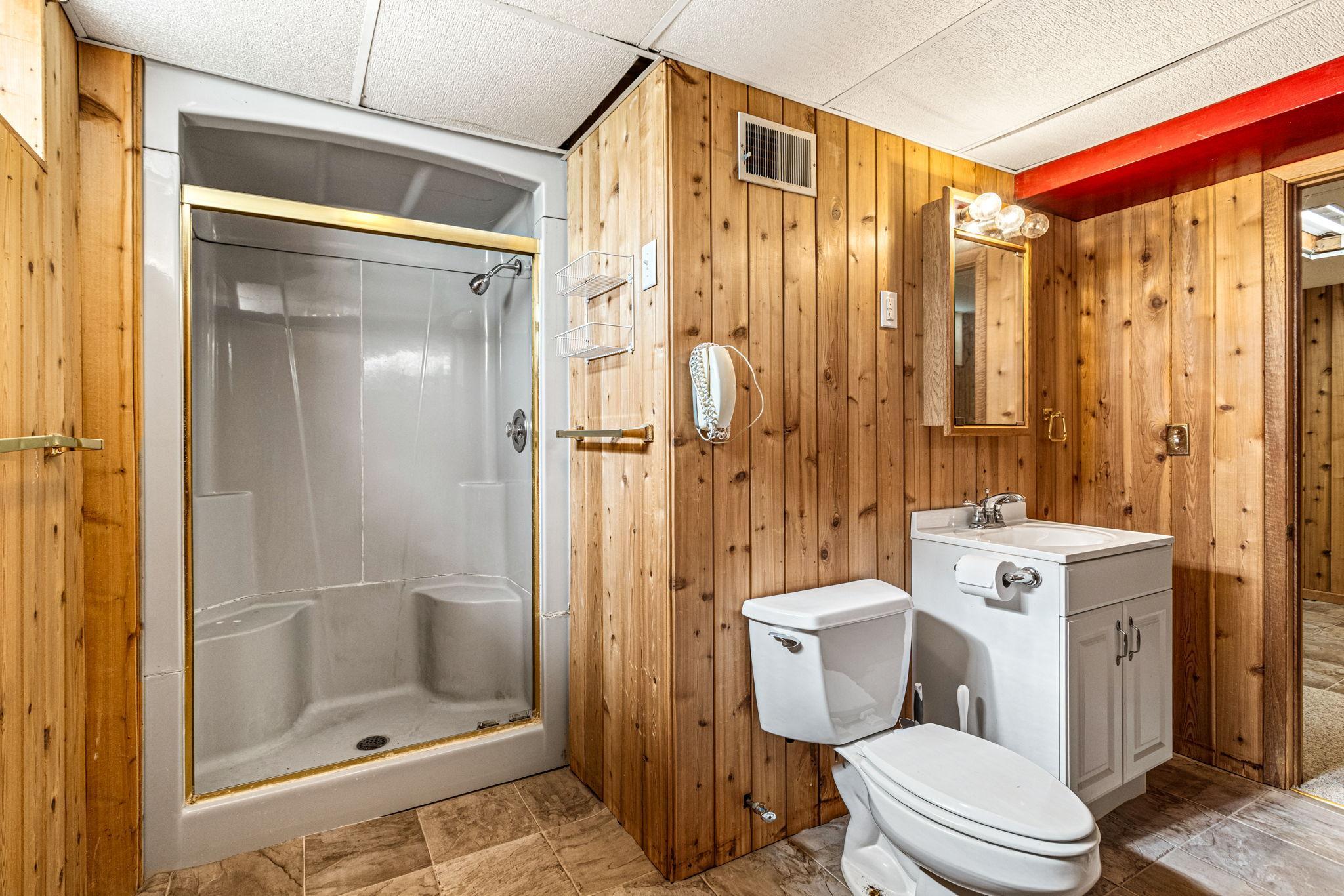 Lower level bathroom with shower.
