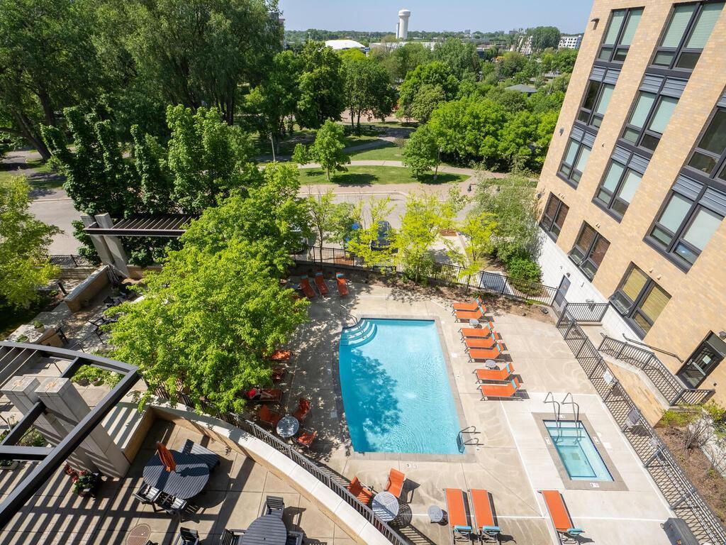 A bird’s-eye view of the pool and hot tub.