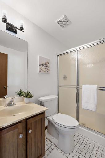 Lower-level bathroom, conveniently located for the bedroom and family room.
