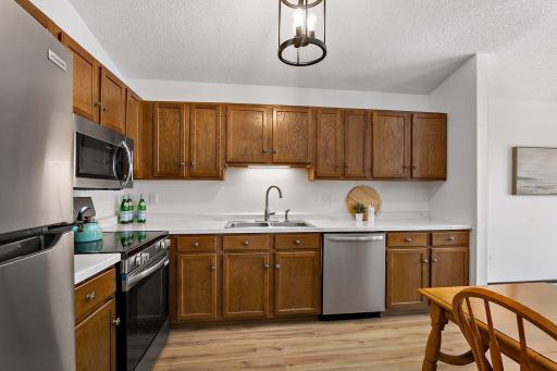 Recently updated kitchen with all-new stainless steel appliances, LVP flooring, modern lighting, and upgraded countertops.
