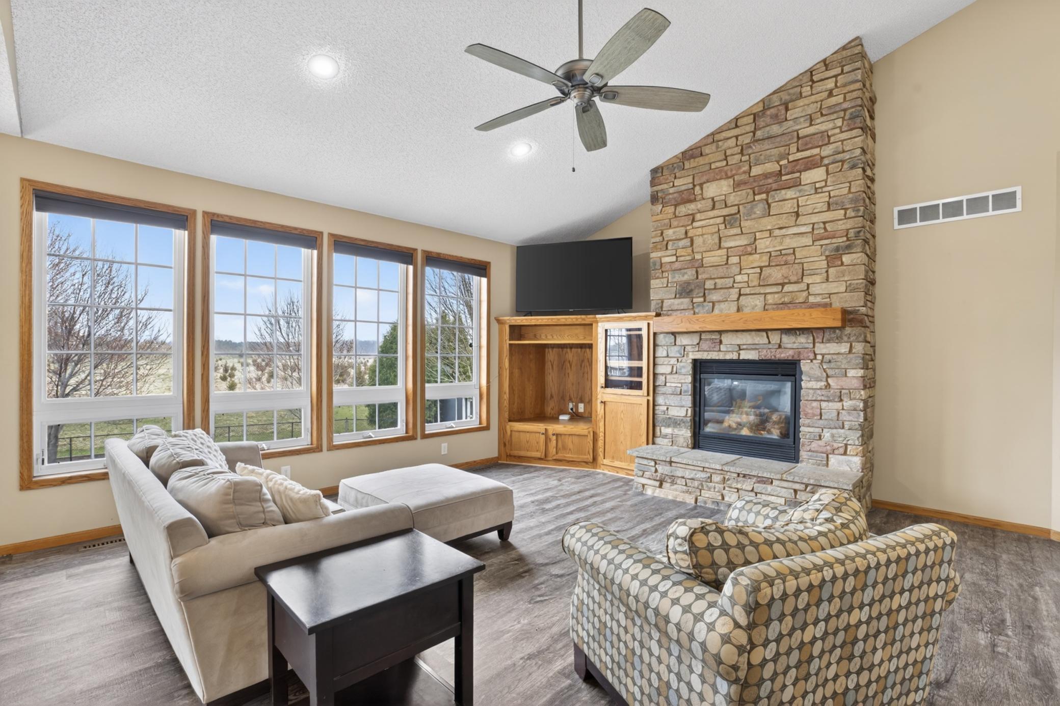 Beautiful floor to ceiling fireplace.