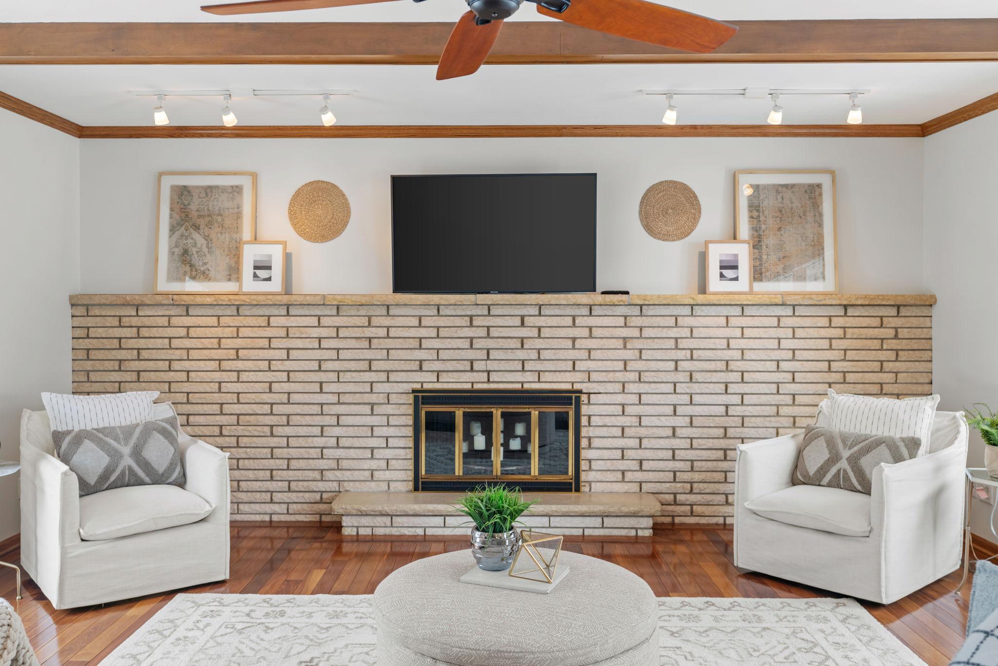 Full wall, brick fireplace