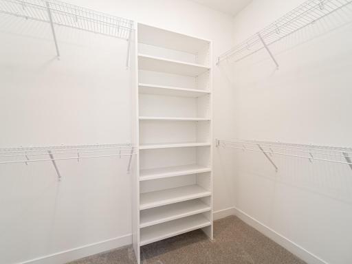 How you want your walk-in closet setup is ENTIRELY UP TO YOU! Some folks go with the basic steel setup and others go full-on built-ins (think California Closets) in this area which focuses both on the look and practicality of the Primary Bdrm closet