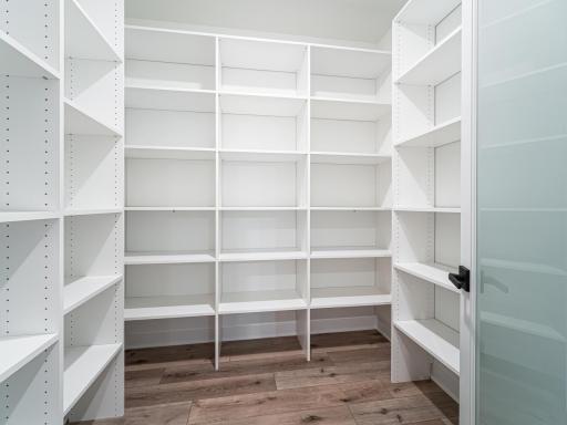 This is the main level Food Pantry (8ftx8ft) yet could also be setup as a 2nd or Support Kitchen with say a 2nd Refrigerator, Dishwasher and upper + lower cabinets which then blends food pantry storage with other appliance additions.