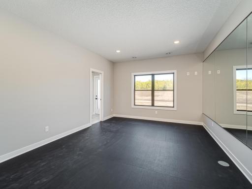 Speaking of the lower level gym with a rubber floor....it's ready for all of your workout equipment and gear! That door leads into the bathroom, dog wash area and exterior door to the backyard as well.
