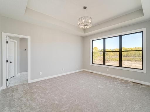 Primary Owner's Suite nearest the garage/back entryway....has raised/inset ceilings at 10ft tall, large windows and private bathroom that does not disappoint!