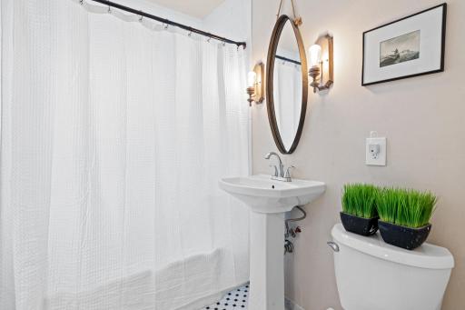 The main level full bathroom has been updated and includes generous shelving (not shown here)
