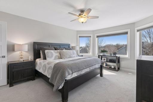 The primary bedroom is large and filled with sunlight. The windows feature top-down, bottom-up blinds for both privacy and natural light.