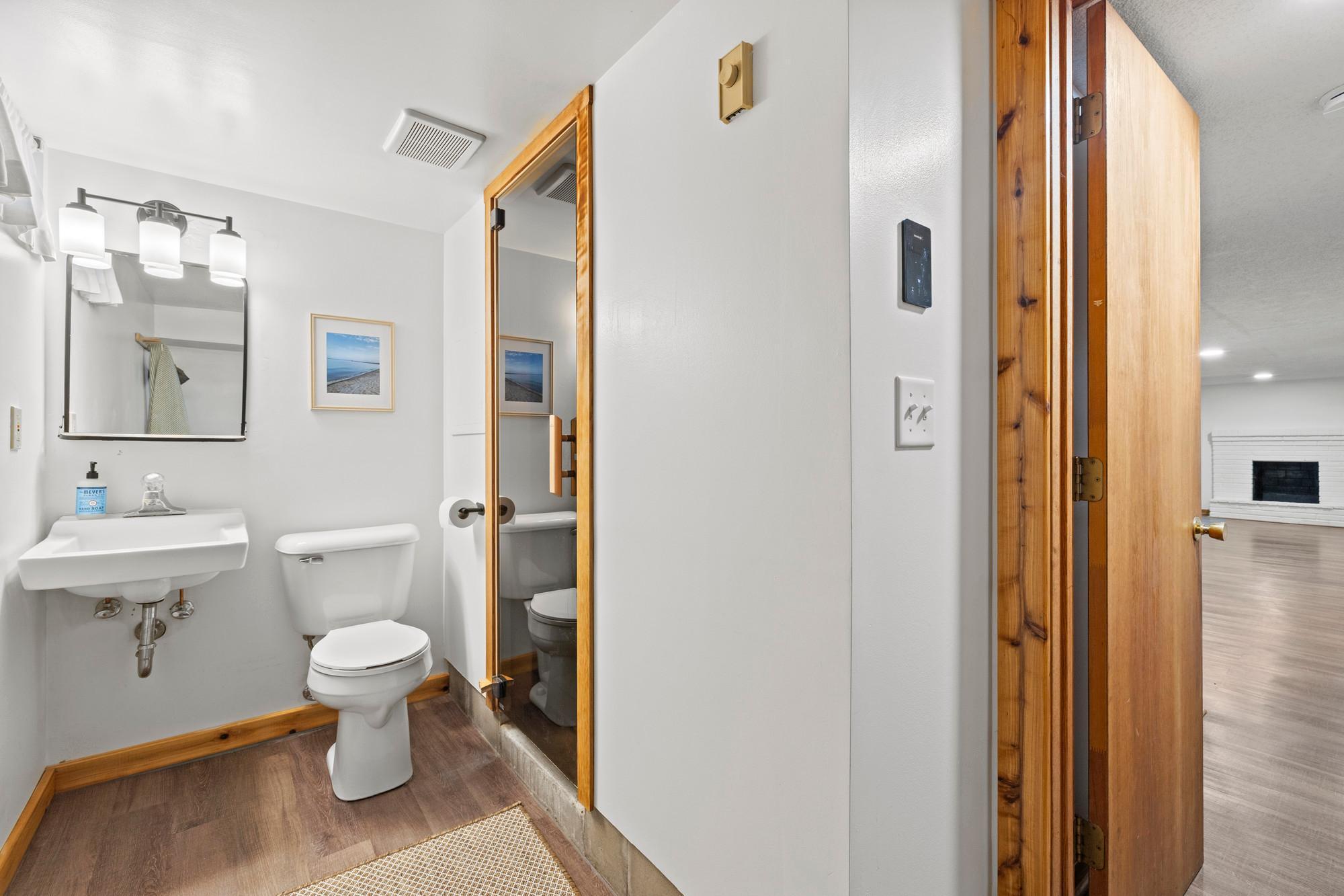Basement bathroom includes a custom Finnleo Sauna with mobile app control- start your sauna from anywhere