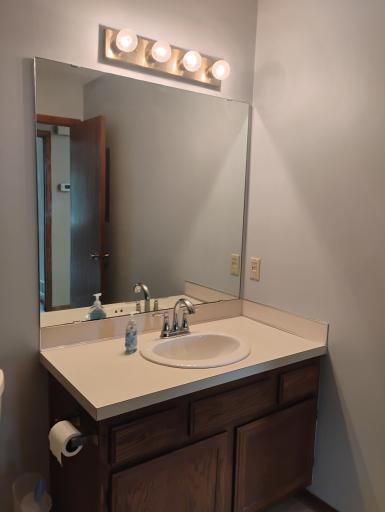 sink with new faucet and large mirror