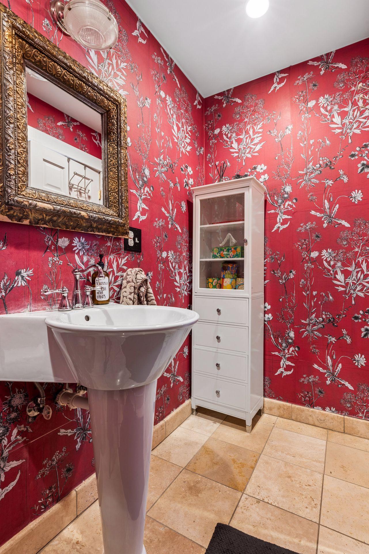 Main floor half bath/powder room, travertine floor